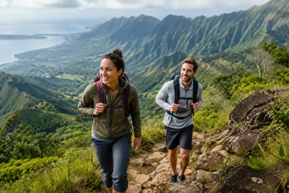 Travellers hiking a green mountain trail