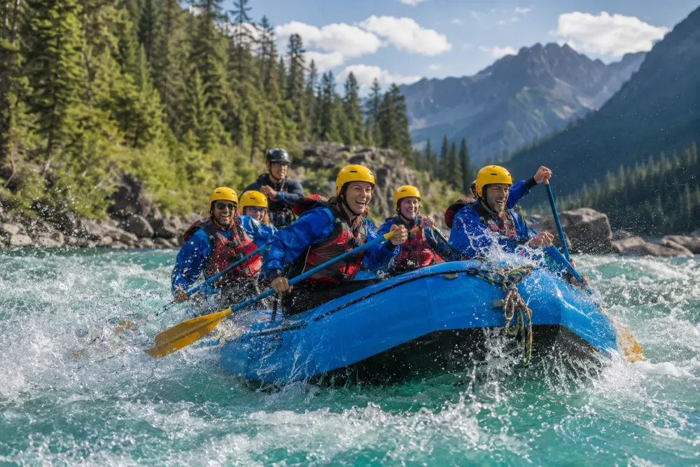 Group white-water rafting on a river